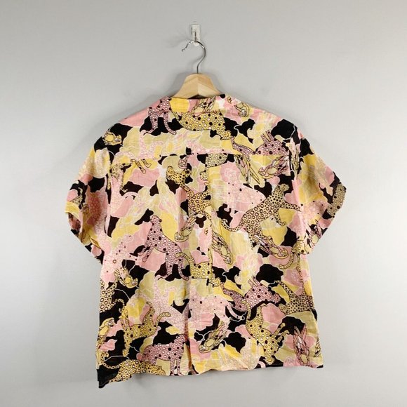 Anthropologie Maeve ASO Call Me Kat Leopard Linen Short Sleeve Blouse Shirt M - Picture 7 of 9